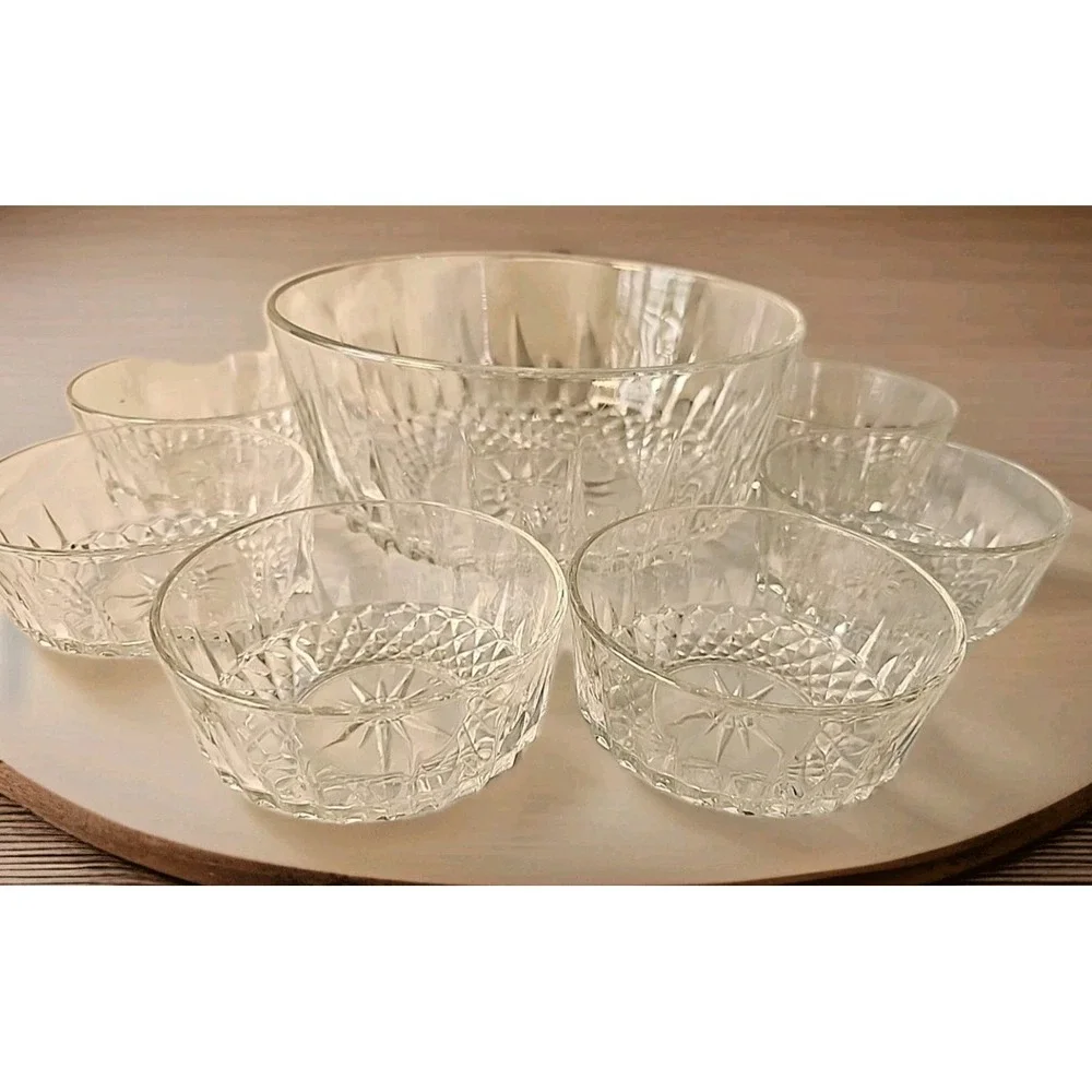 VTG 7-Pc‎ Arcoroc France Starburst Set Glass Serving Dish + 6 Side Bowls Elegant